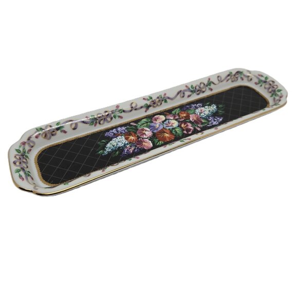 Neiman Marcus Porcelain Letter Opener Tray, Black with Flowers, Gold Trim - Picture 2 of 9